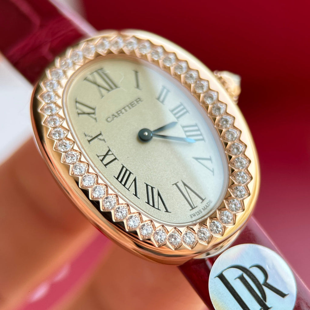 Baignoire 23mm Pink Gold Case Diamond Bezel Red Leather Strap