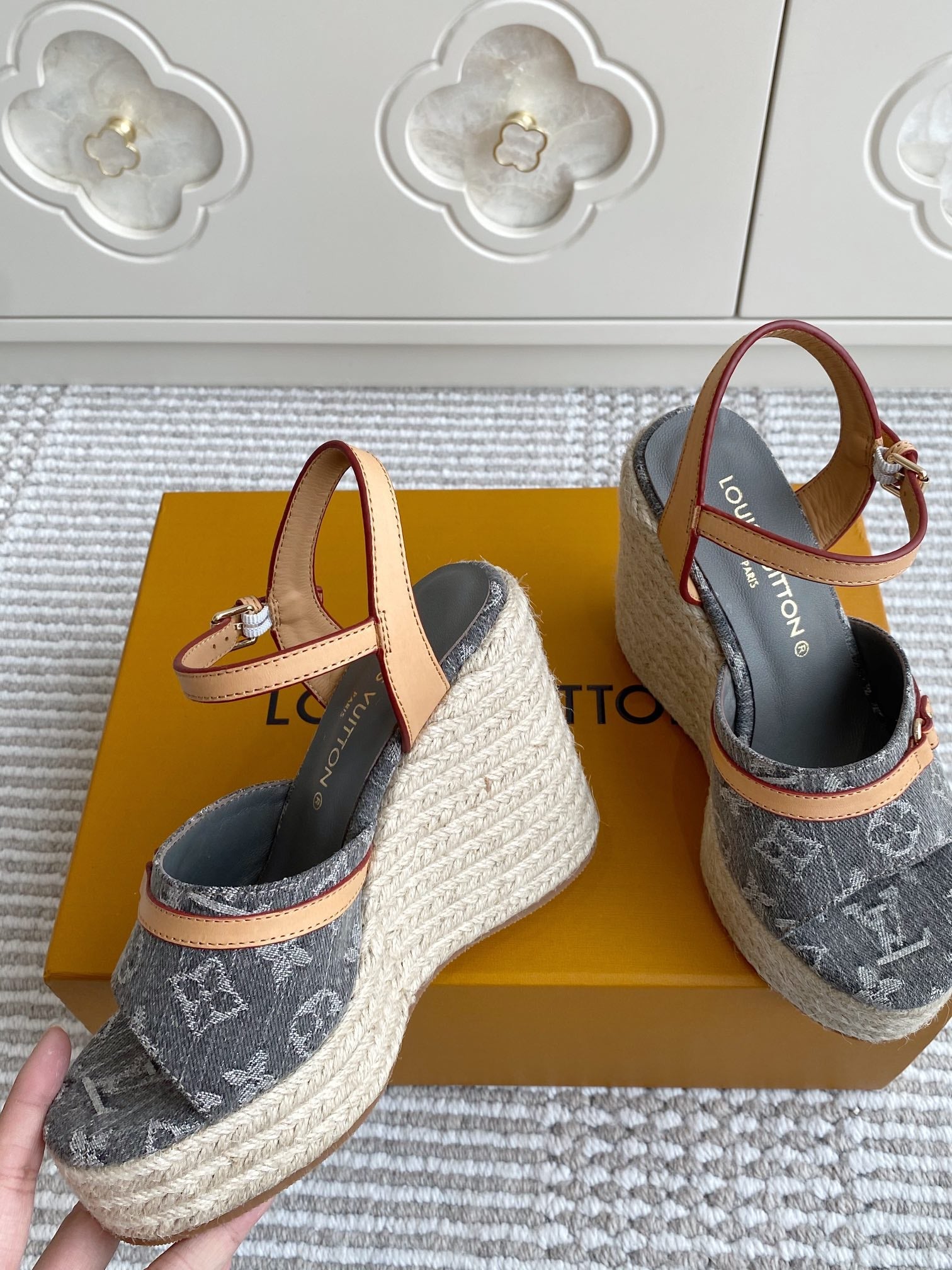 LV Grey Denim Monogram Wedge Sandals 11.5cm Grey Sheepskin Lining 291578