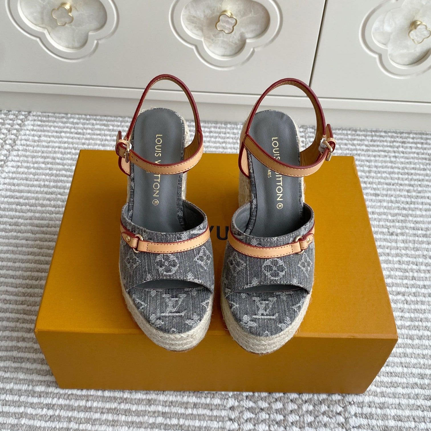 LV Grey Denim Monogram Wedge Sandals 11.5cm Grey Sheepskin Lining 291578