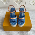 LV Blue Denim Monogram Wedge Sandals 11.5cm Blue Sheepskin Lining 291580