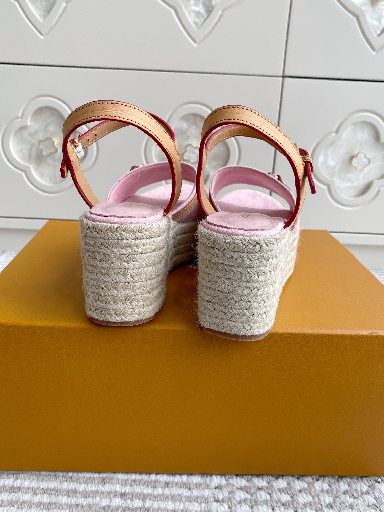 LV Pink Denim Wedge Sandals 7.5cm Pink Sheepskin Lining 291581