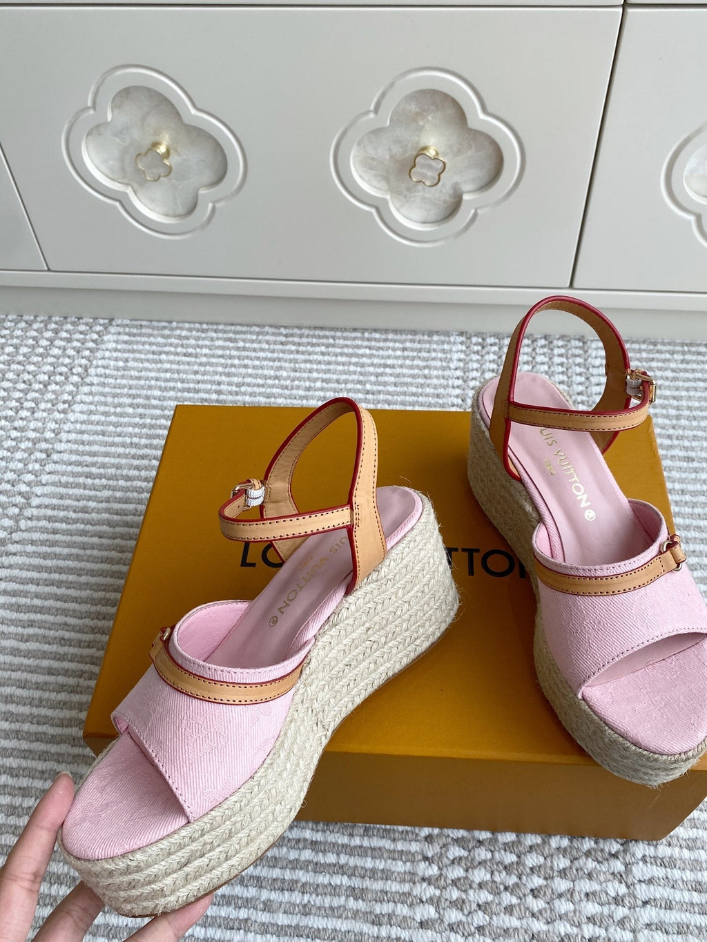 LV Pink Denim Wedge Sandals 7.5cm Pink Sheepskin Lining 291581