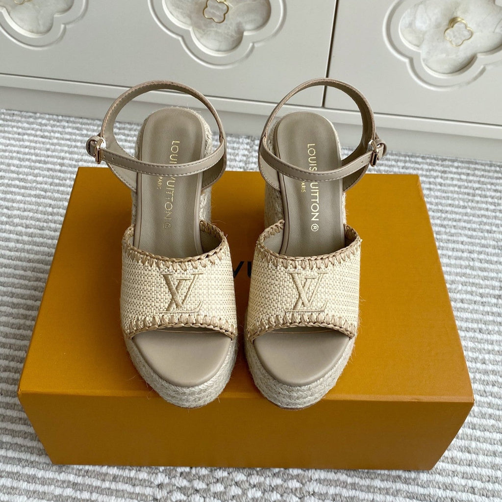LV Beige·Raffia Straw Wedge Sandals 11.5cm Light Brown Lining Leather 291590
