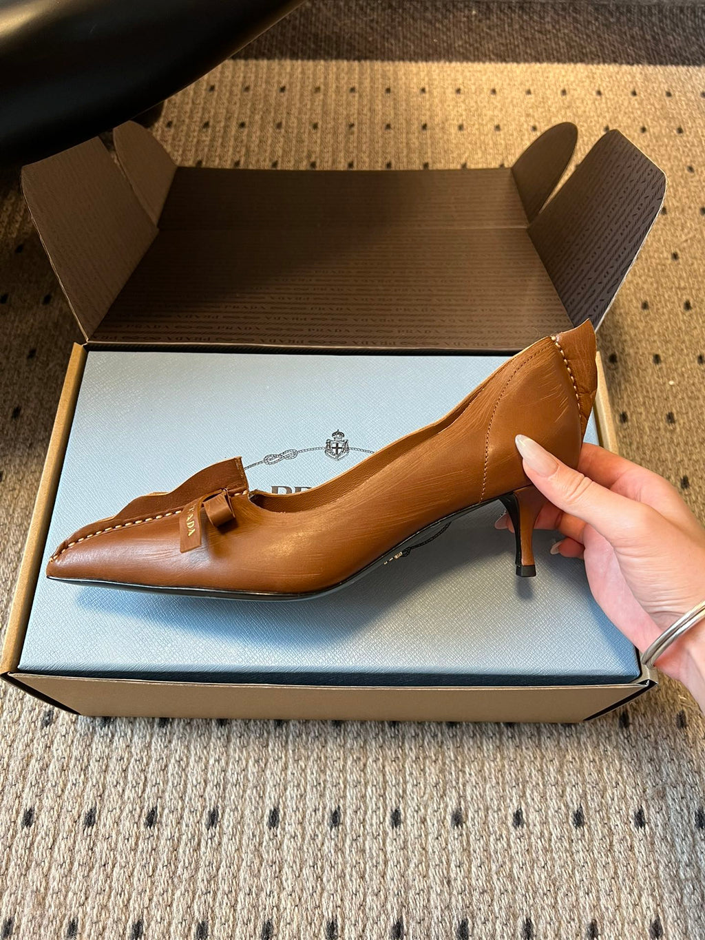 Prada Antiqued Pumps 55mm Tan Calfskin 606398