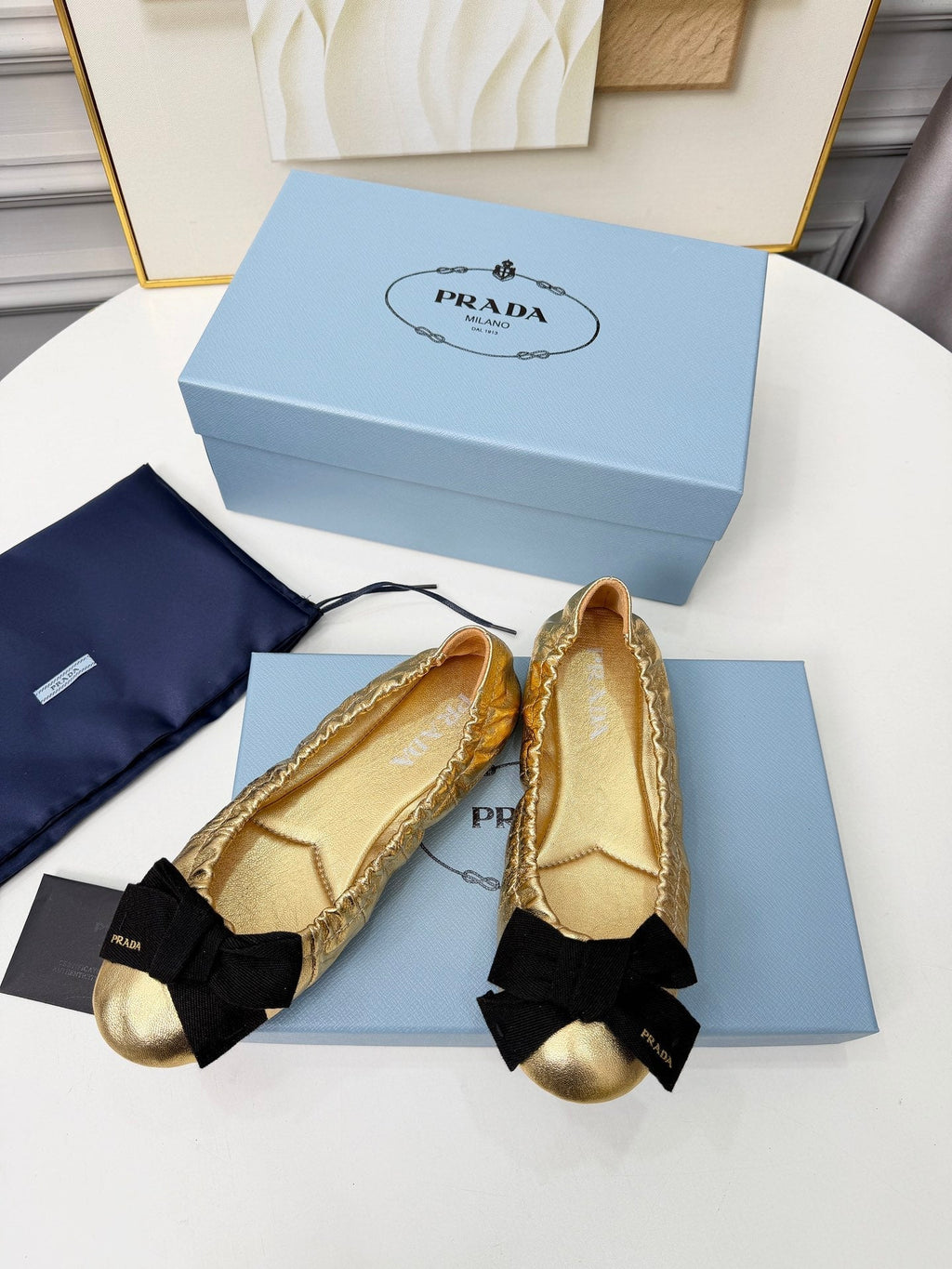 Prada 26s Bow Ballet Flats Gold Metalic Leather 624084