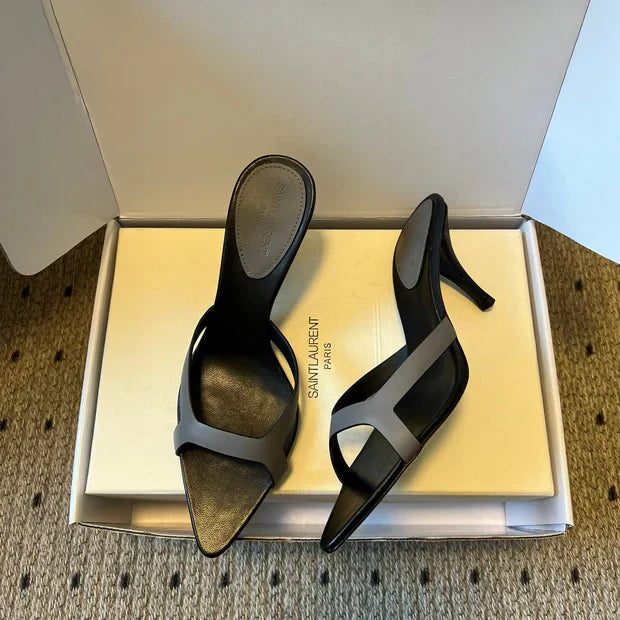 YSL 26ss High Heeled Mules 75 Black Gray Cowhide 651762