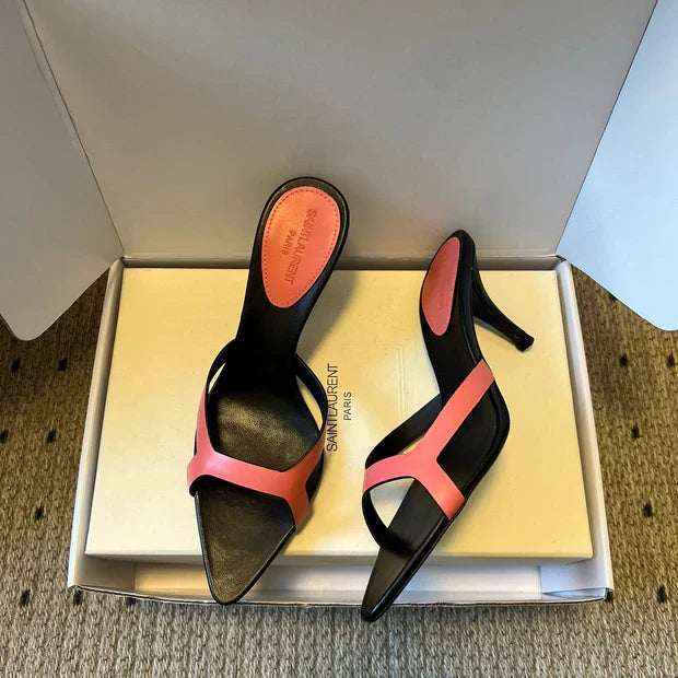 YSL 26ss High Heeled Mules 75 Black Pink Cowhide 651768