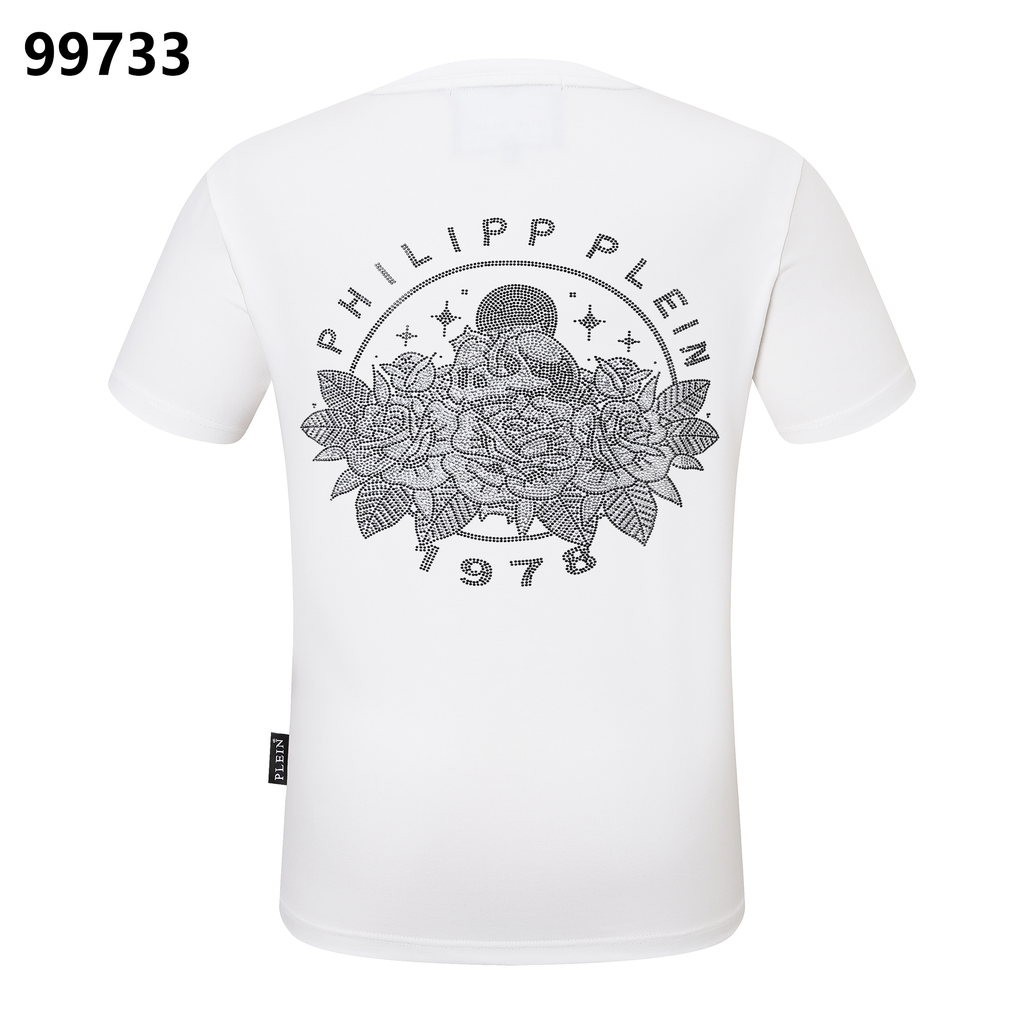PHILIPP PLEIN Round-Neck T-Shirt with Rose Embroidery and Rhinestones