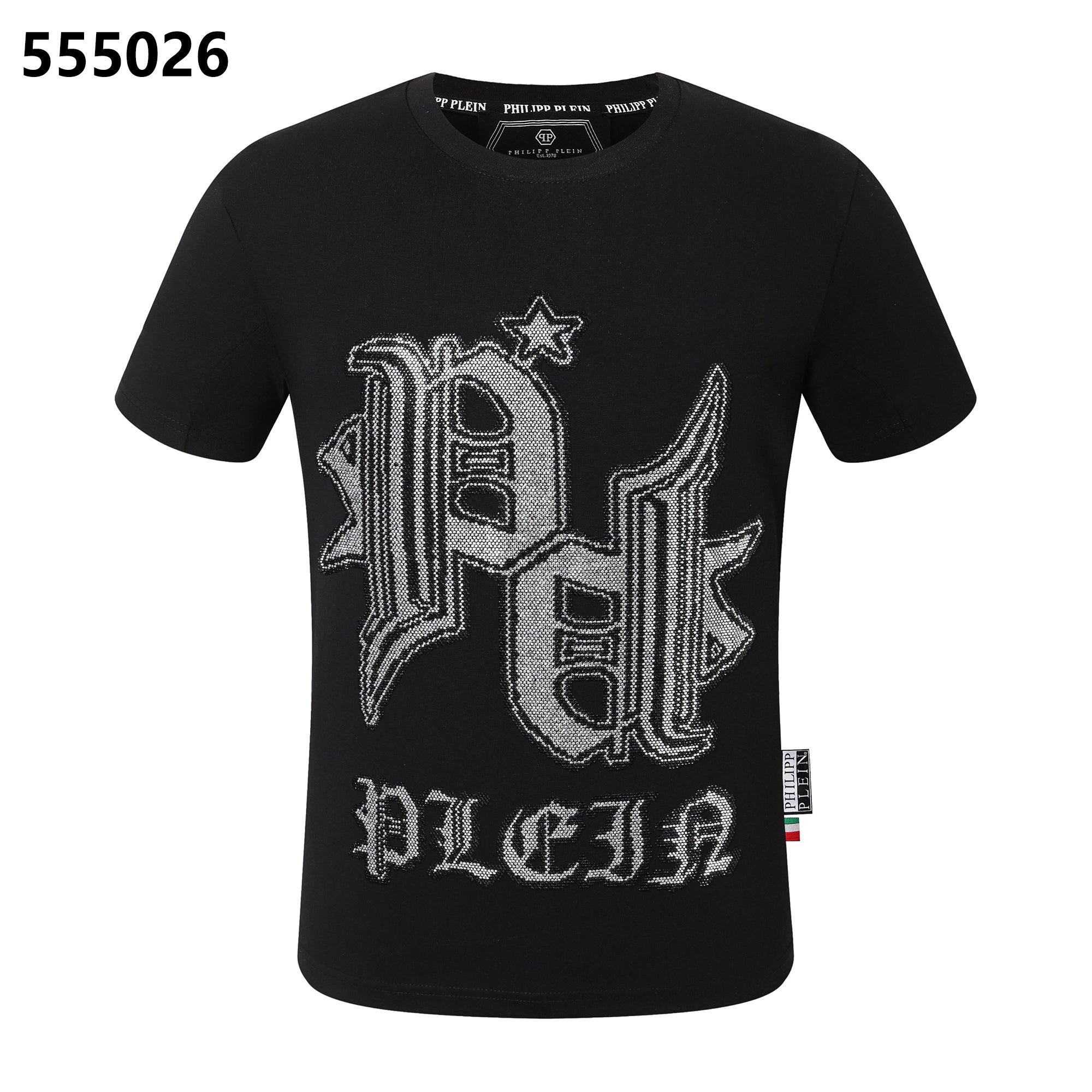 PHILIPP PLEIN Round-Neck T-Shirt with Diamond-Studded Lettering