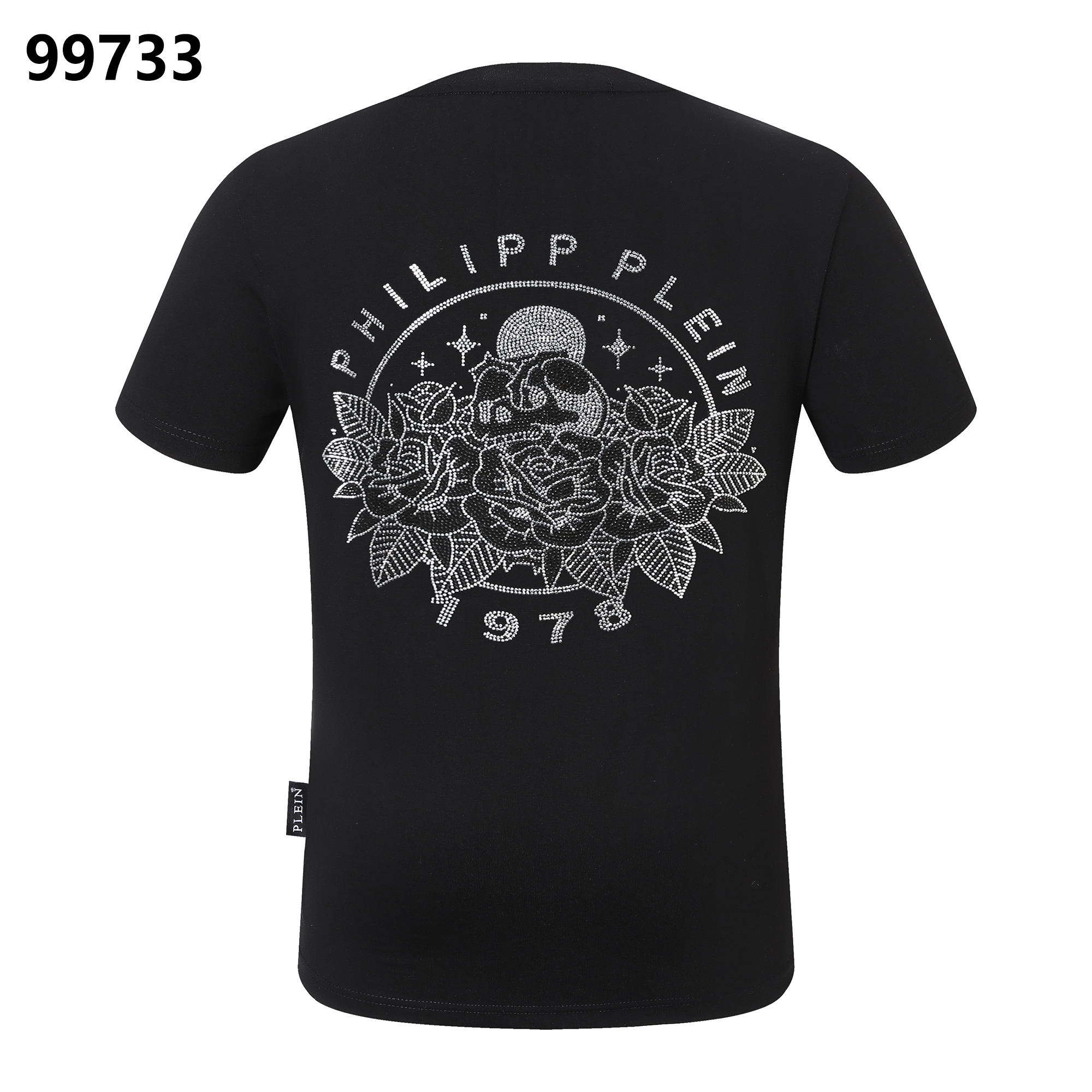 PHILIPP PLEIN Round-Neck T-Shirt with Rose Embroidery and Rhinestones