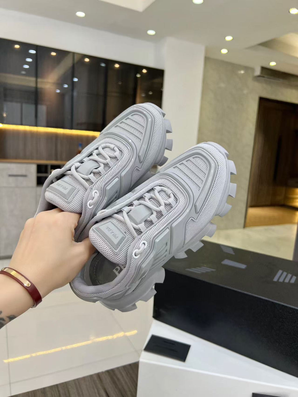 Prada Cloudbust Thunder Sneakers White mix Pearl Gray Knit Fabric