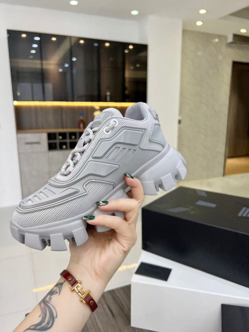 Prada Cloudbust Thunder Sneakers White mix Pearl Gray Knit Fabric