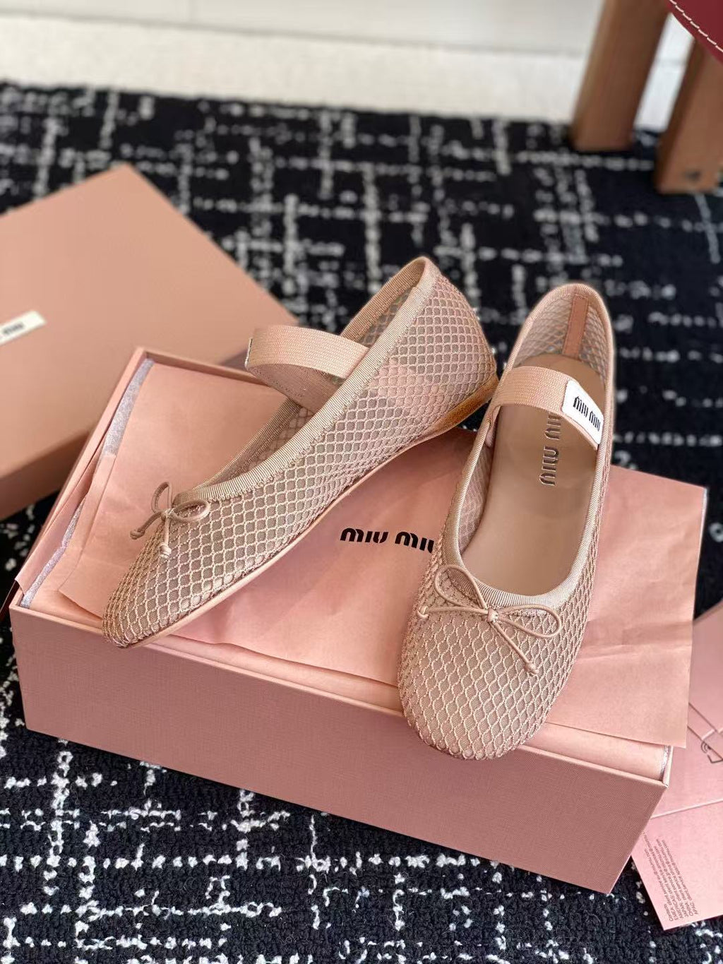 Miu Ballet Flat In Light Pink Mesh