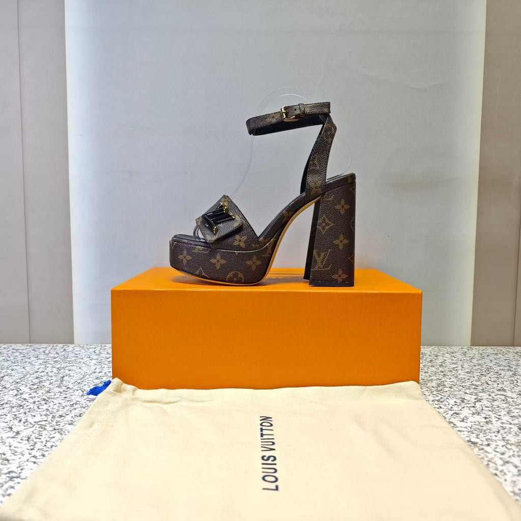 LV Shake Sandals 11cm High Block Heel Brown Monogram Leather