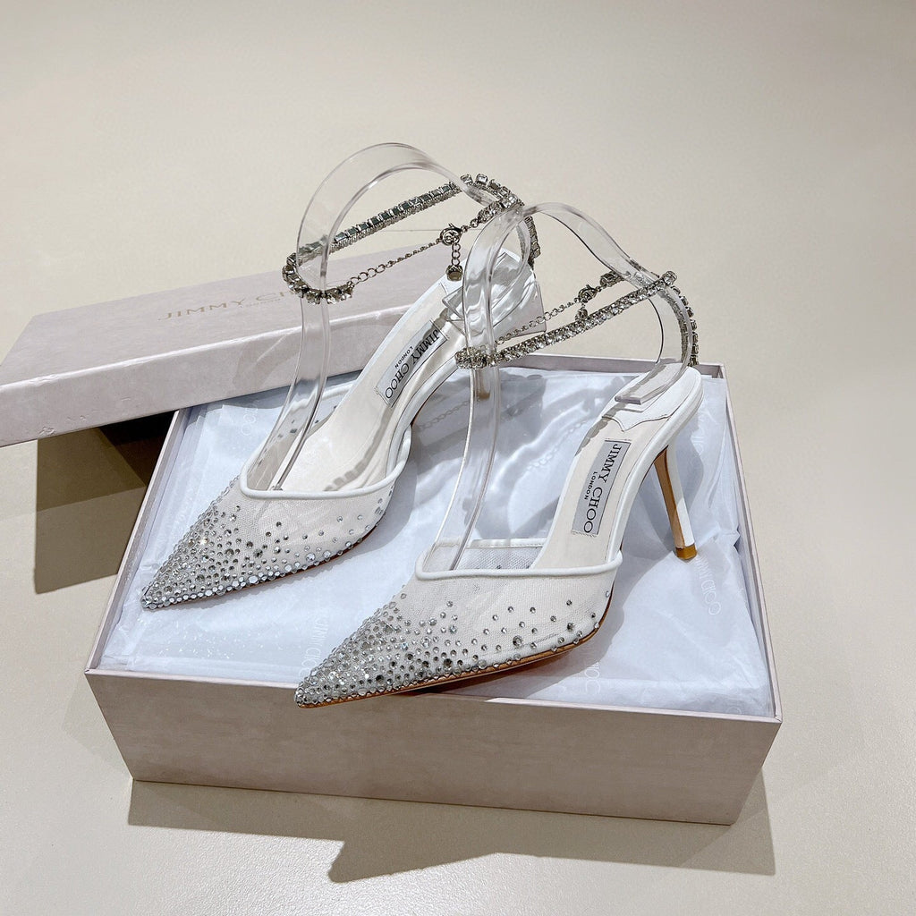 Jimmy Choo 100mm Saeda Crystal-embellished Pumps White Mesh Calfskin