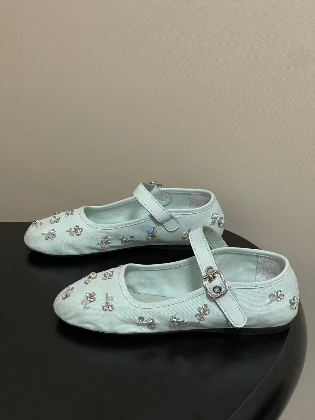 Miu 26s Crystal-Embellished Drill Ballerinas Light Blue Canvas