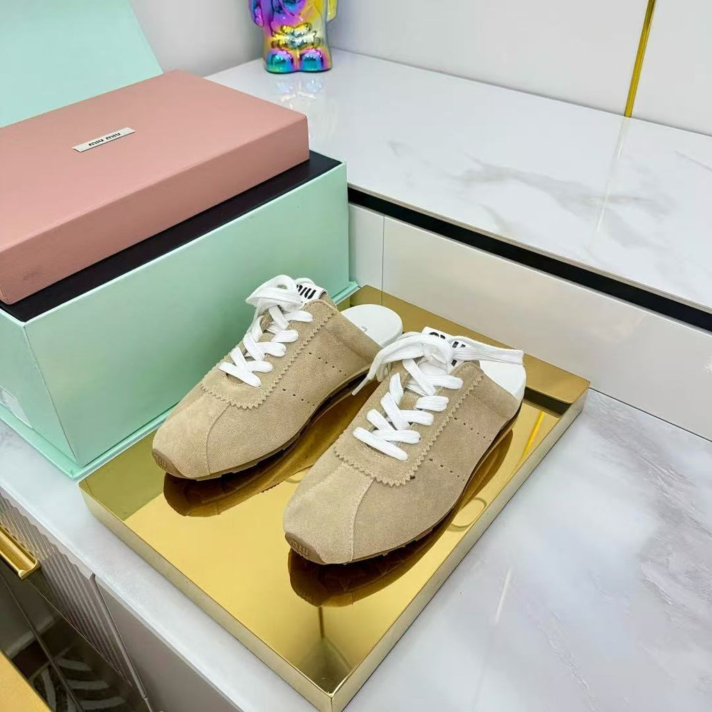 Miu 26s Plume Mules Beige Suede