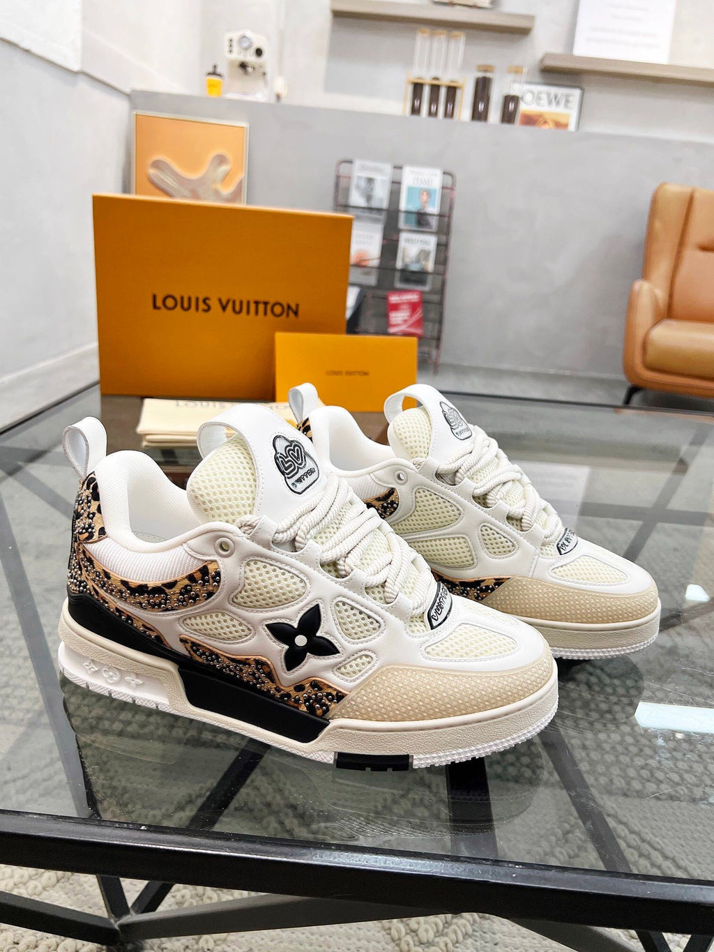LV Skate Sneaker Studs Ivory mix Brown Cowhide and Mesh Fabric