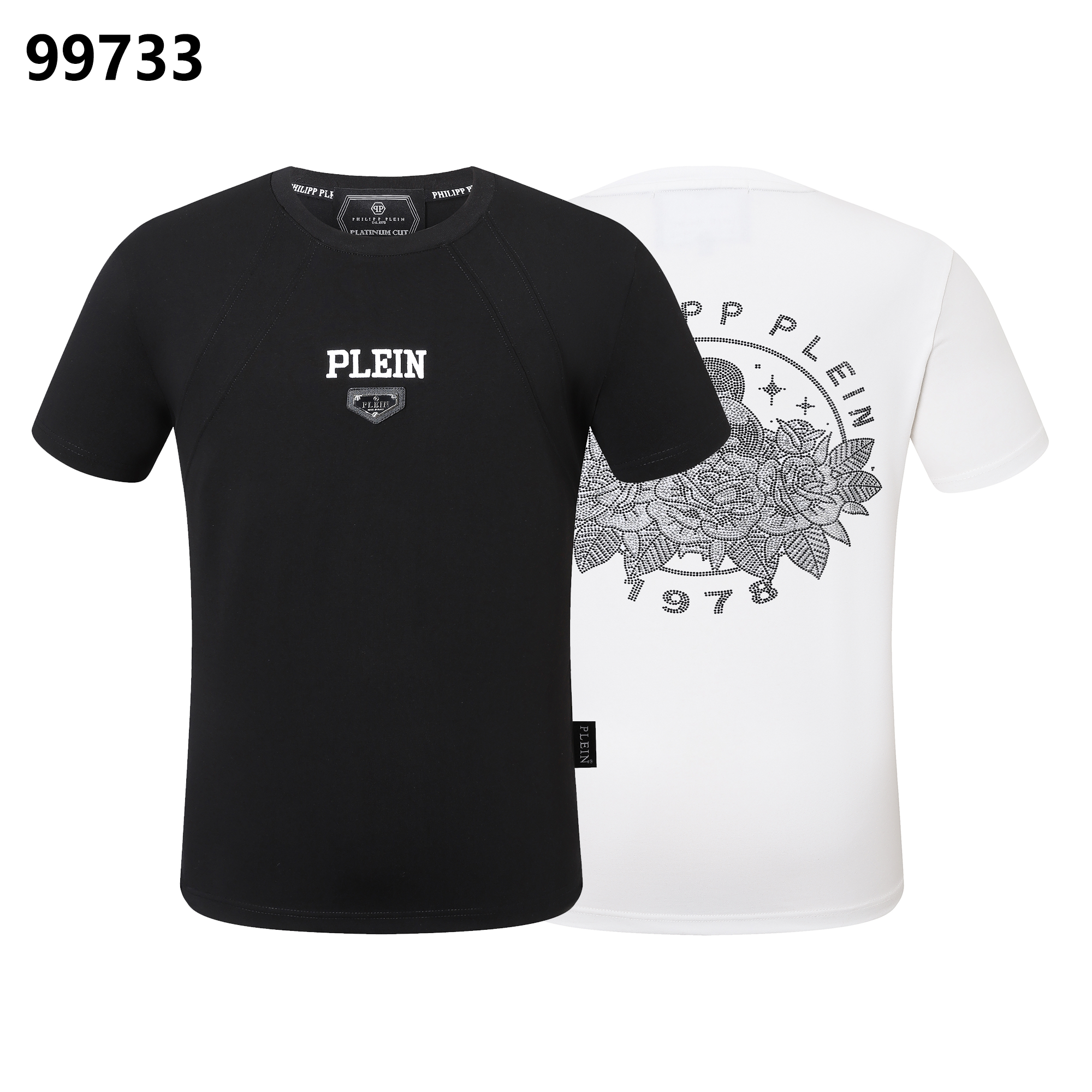 PHILIPP PLEIN Round-Neck T-Shirt with Rose Embroidery and Rhinestones
