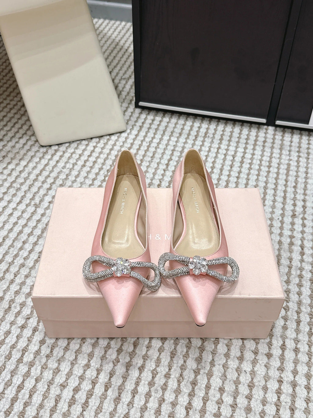 Mach & Mach 26SS Rhinestone Bow Flats Light Pink in Silk 722450
