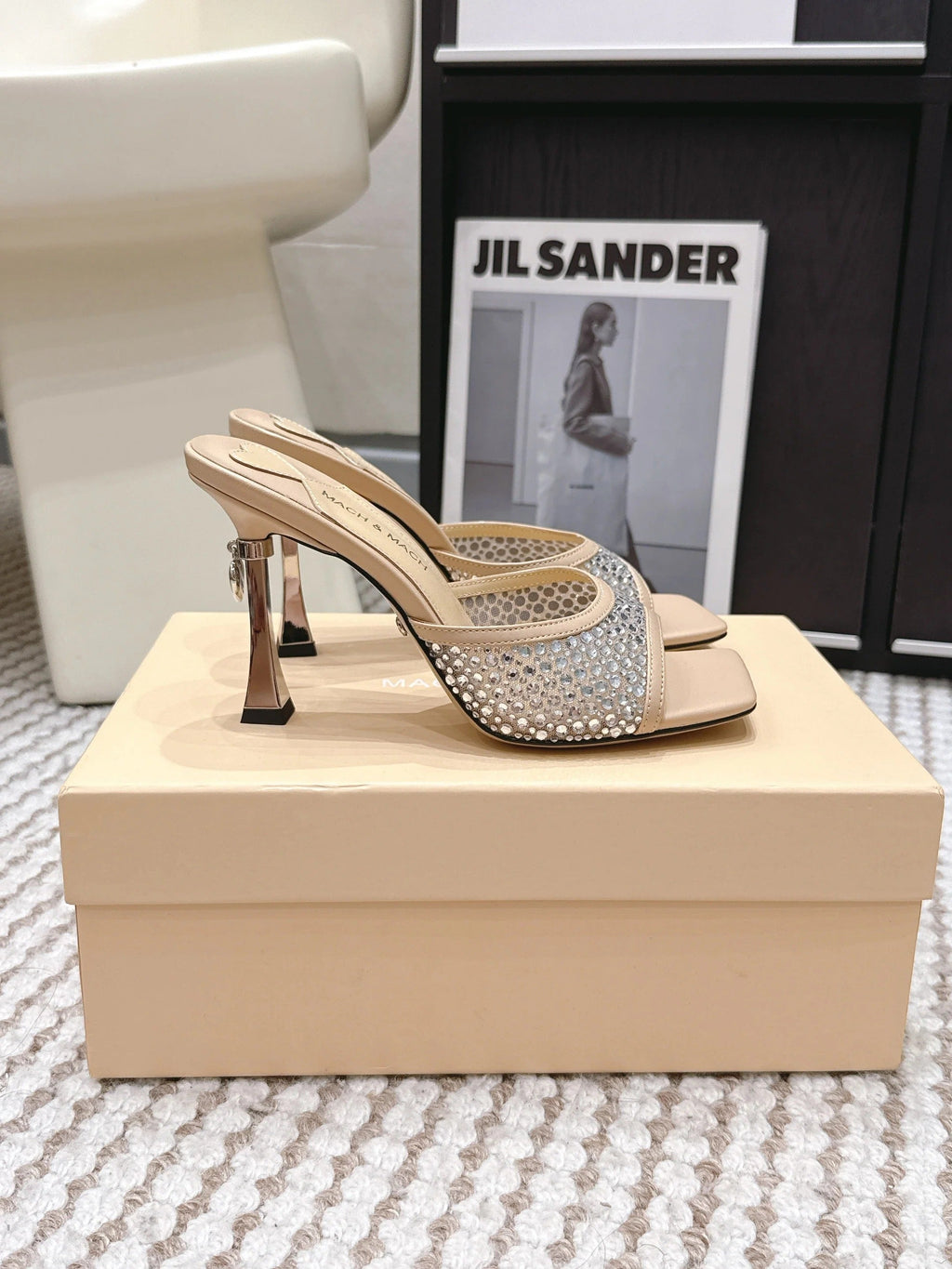 Mach & Mach Embellished Mules 95 Nude Beige in Leather Diamonds 722810