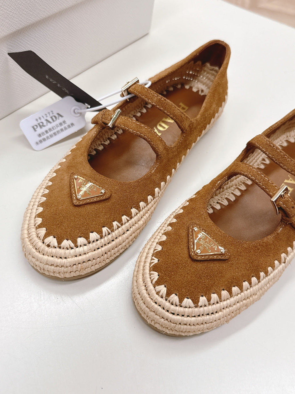 Prada 26s Mary Jane Espadrilles Shoes In Caramel Brown Suede With Logo