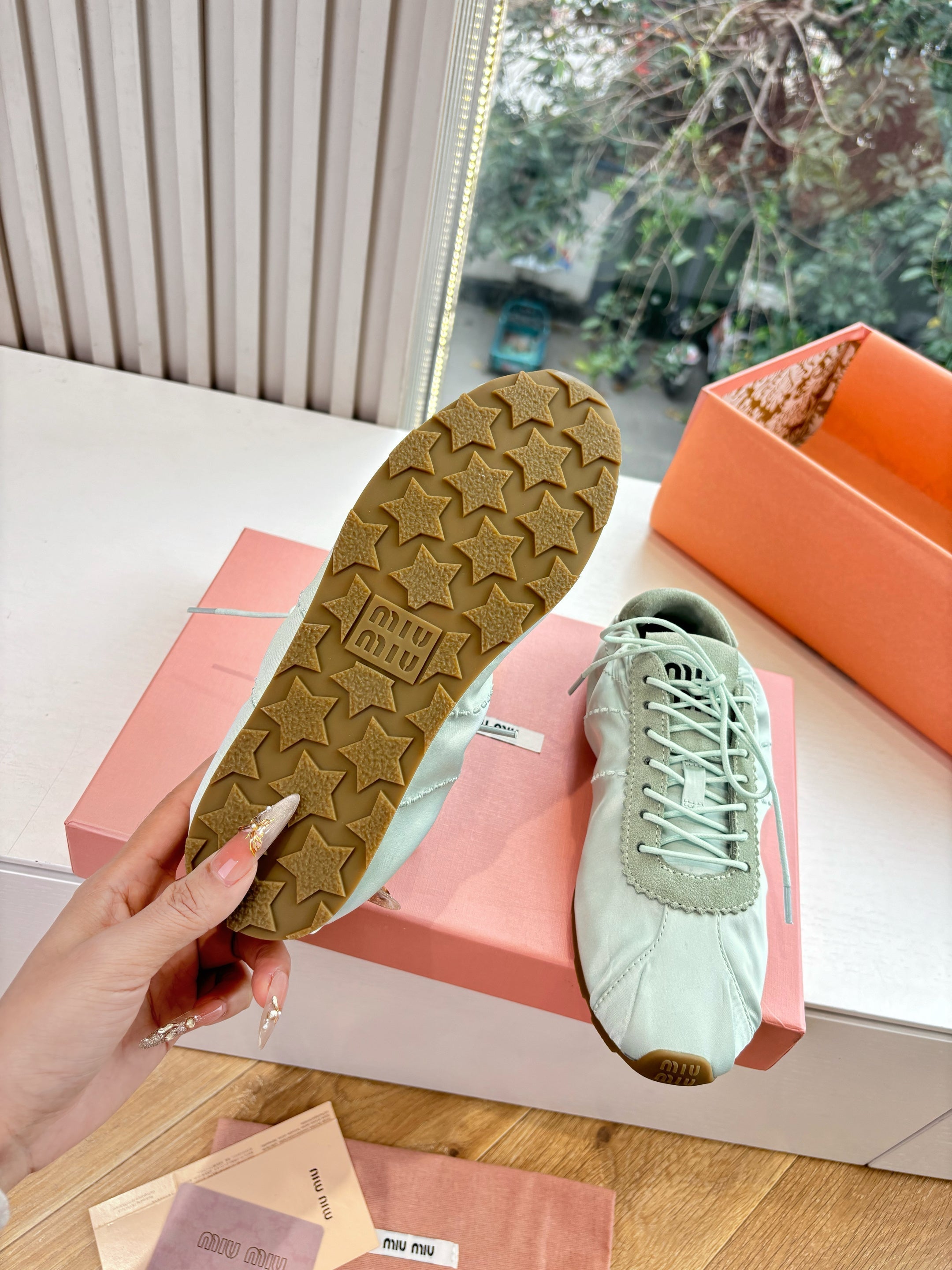 Miu Plume Sneakers Light Sage Satin Suede 549134