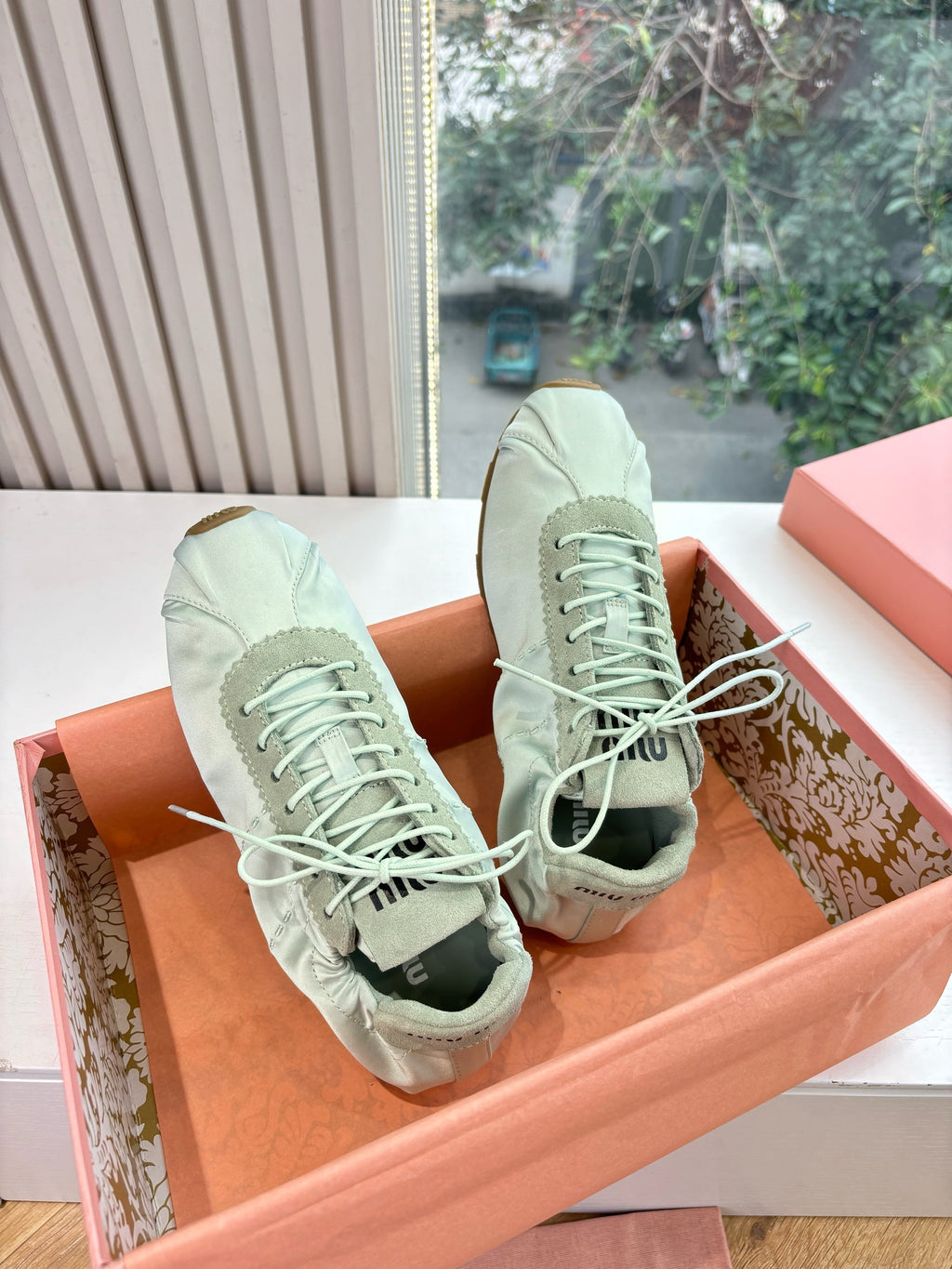 Miu Plume Sneakers Light Sage Satin Suede 549134