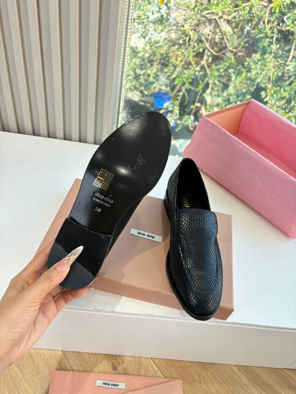 Miu 26s Loafers In Black Snake Embossed Calfskin