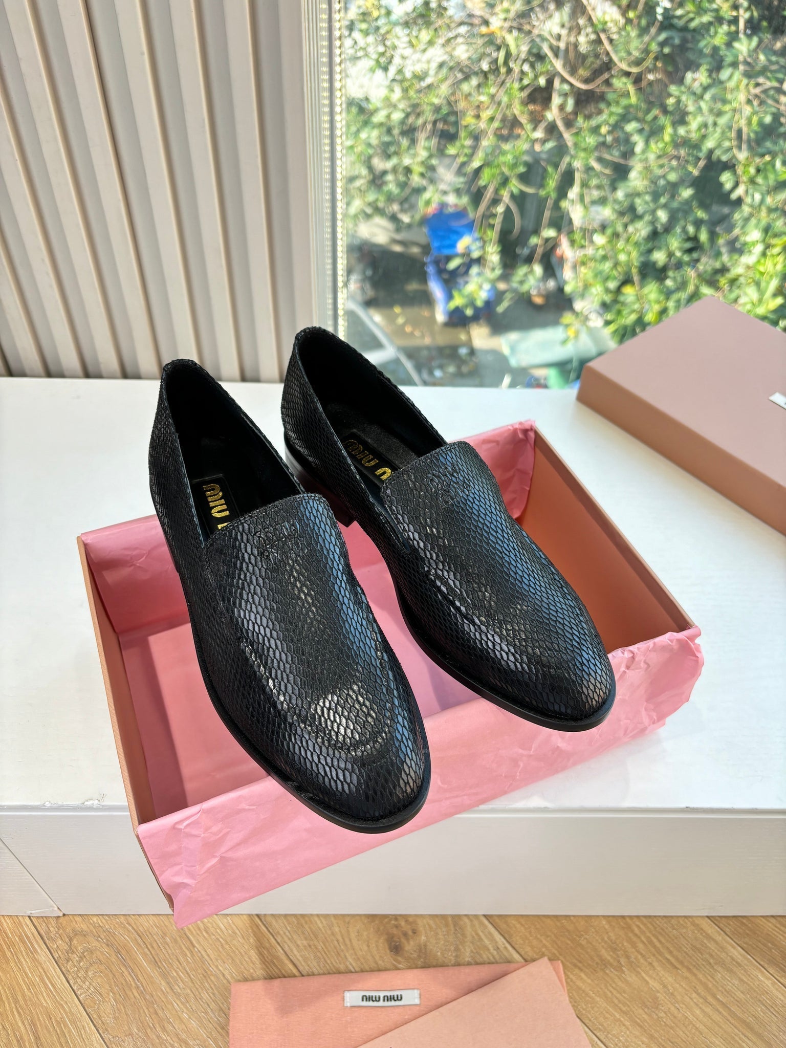 Miu 26s Loafers In Black Snake Embossed Calfskin