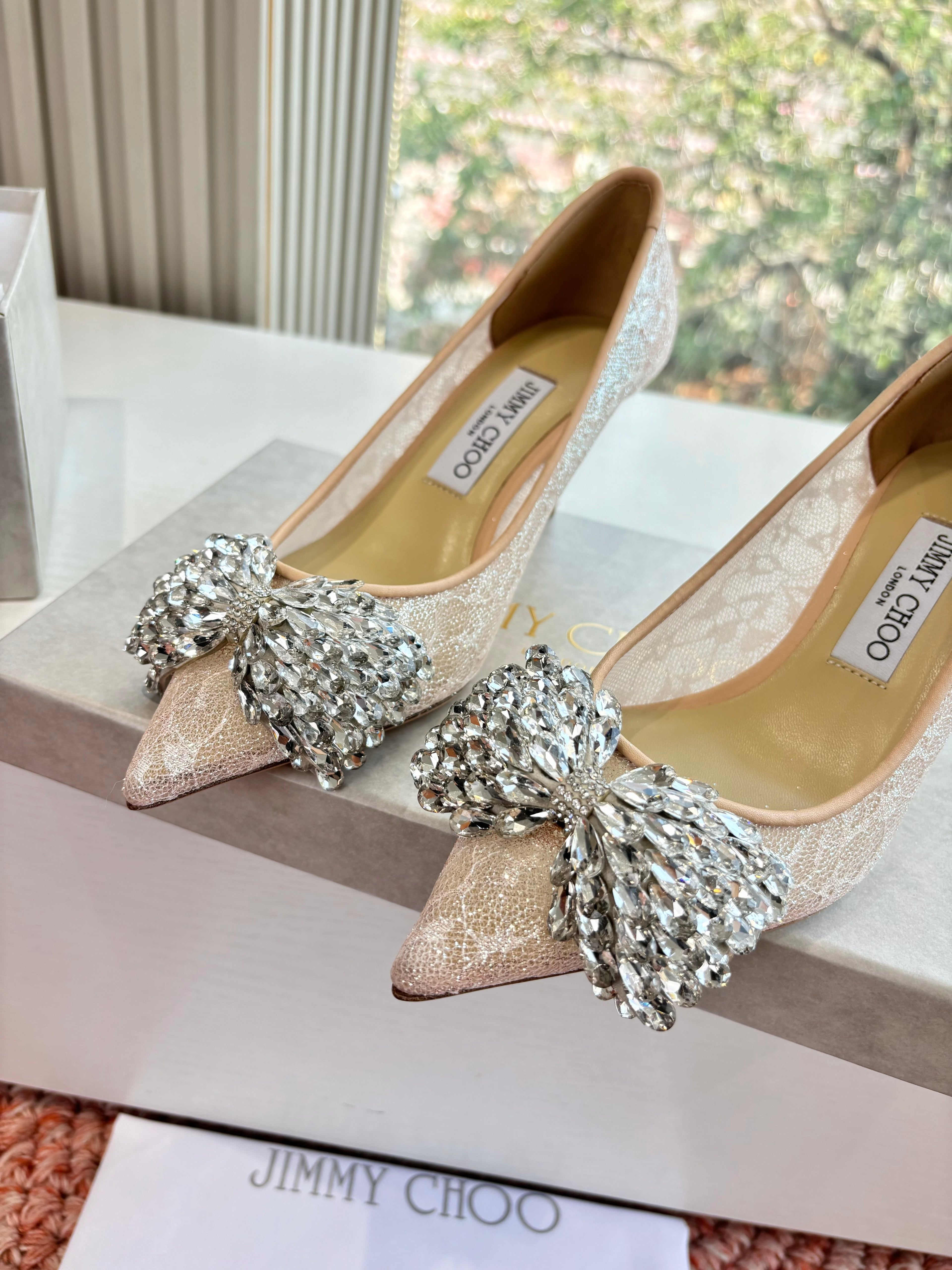 JC 26s Rhinestone Auria Pumps 8.5cm Beige Mesh 648209