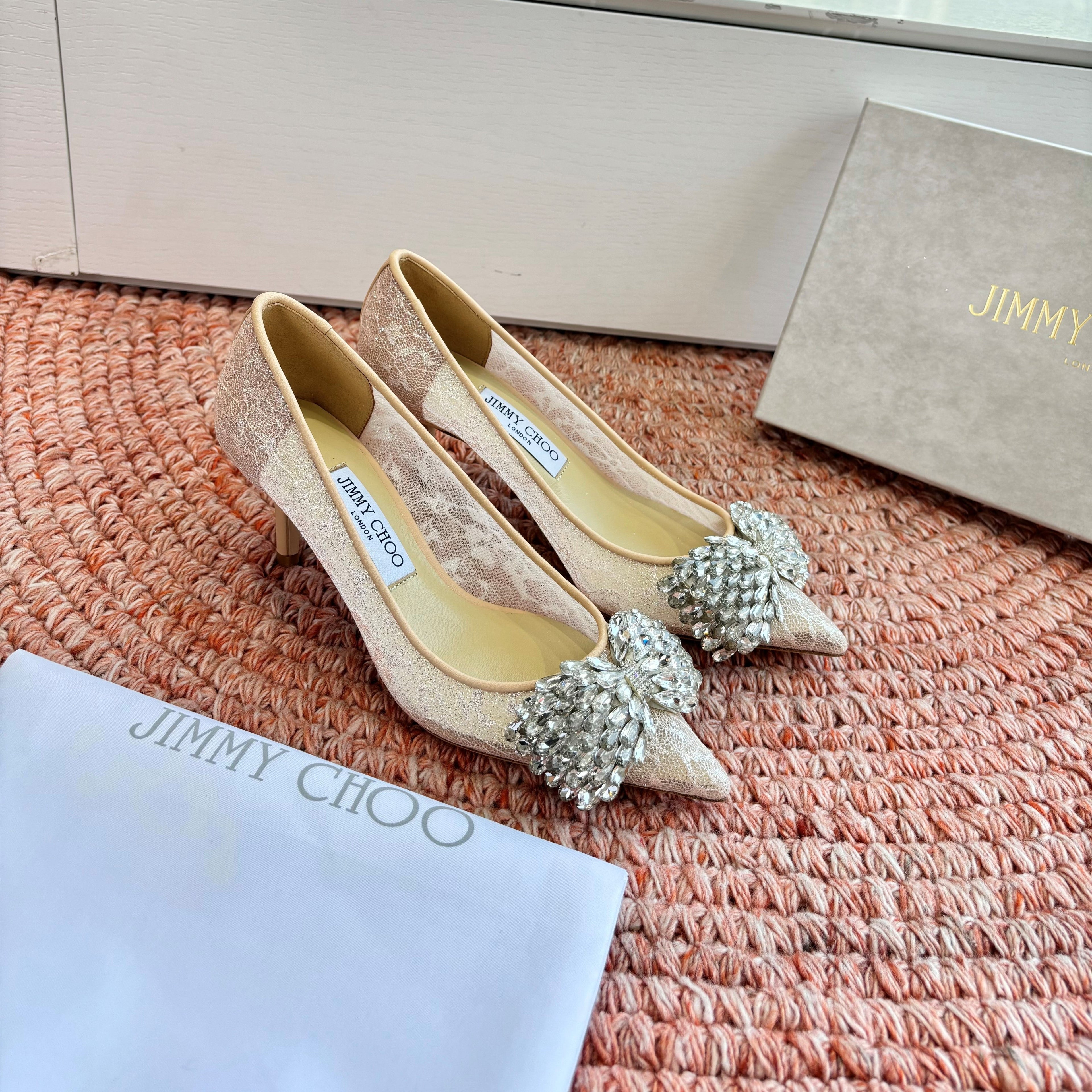 JC 26s Rhinestone Auria Pumps 8.5cm Beige Mesh 648209