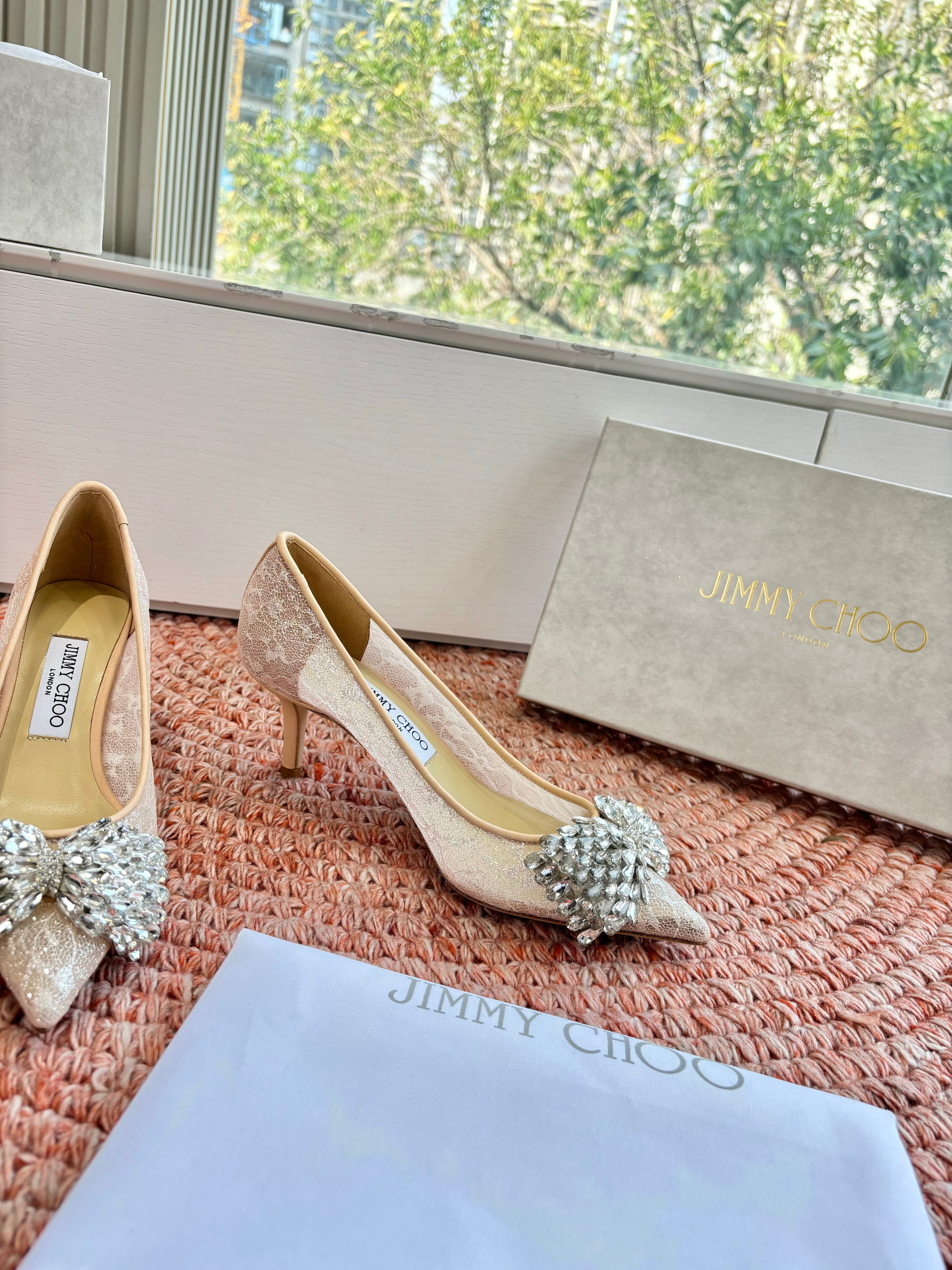 JC 26s Rhinestone Auria Pumps 8.5cm Beige Mesh 648209