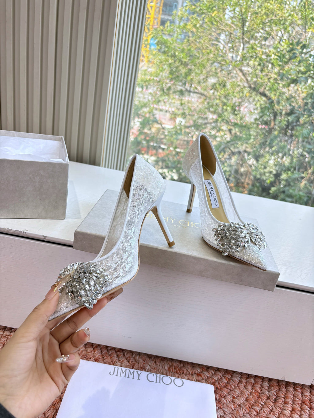 JC 26s Rhinestone Auria Pumps 6.5cm White Mesh 648211