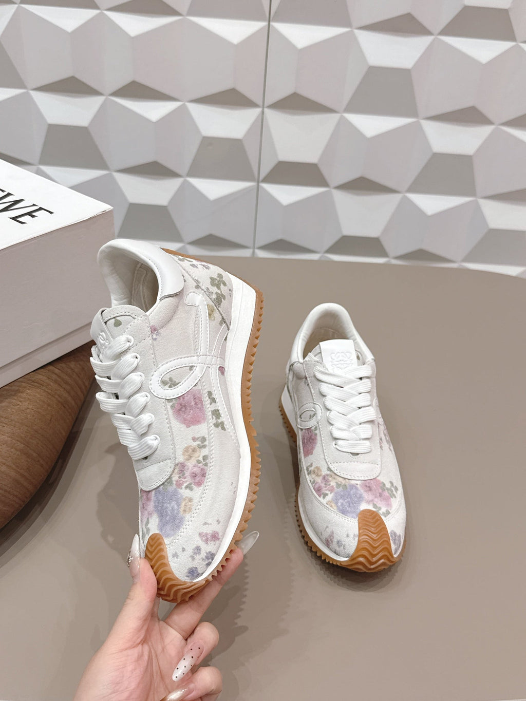 Loewe 26s Flow Runner Sneaker In White Floral Pattern Suede And Calfskin