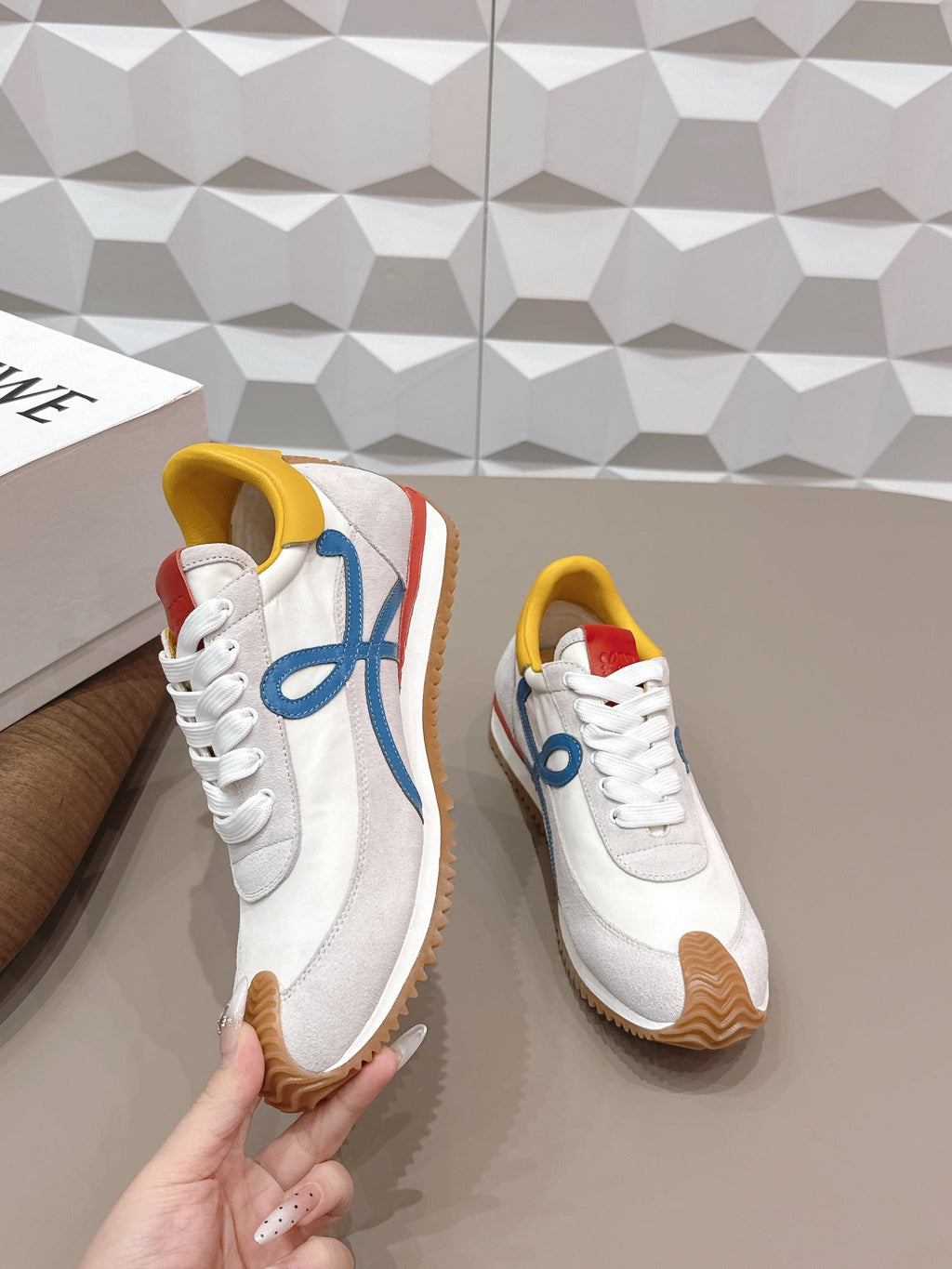 Loewe 26s Flow Runner Sneaker In Light Gray Suede Yellow And Blue Calfskin