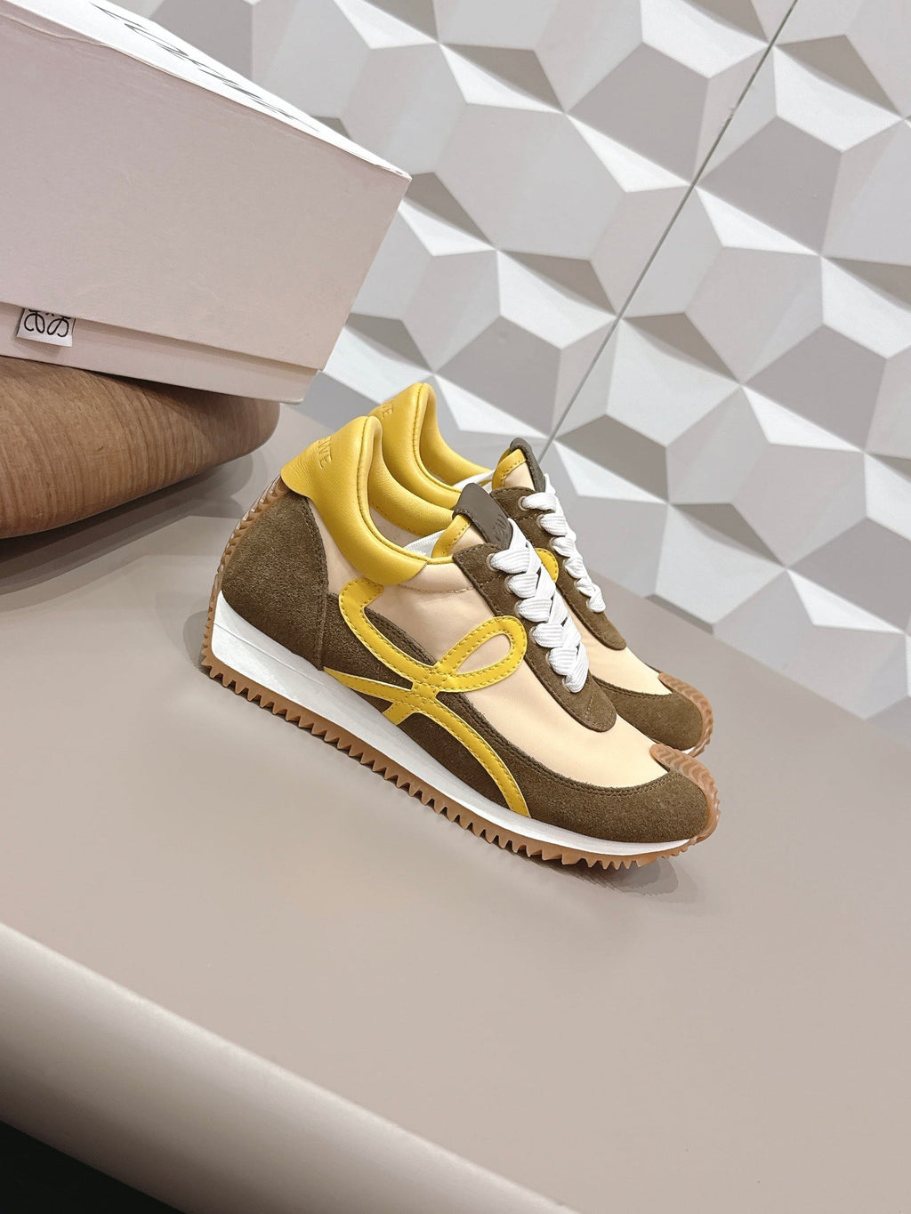 Loewe 26s Flow Runner Sneaker In Dark Olive Brown Suede And Yellow Calfskin