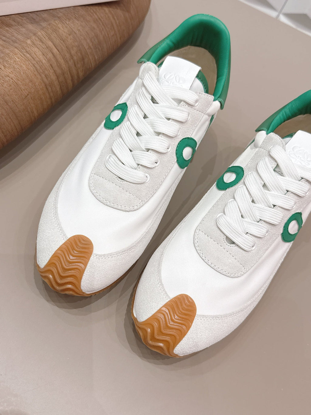 Loewe 26s Flow Runner Sneaker In White Suede And Deep Teal Green Calfskin