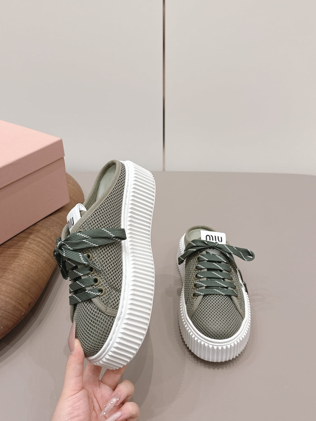 Miu Flatform Sneaker Mules Olive Mesh 738381