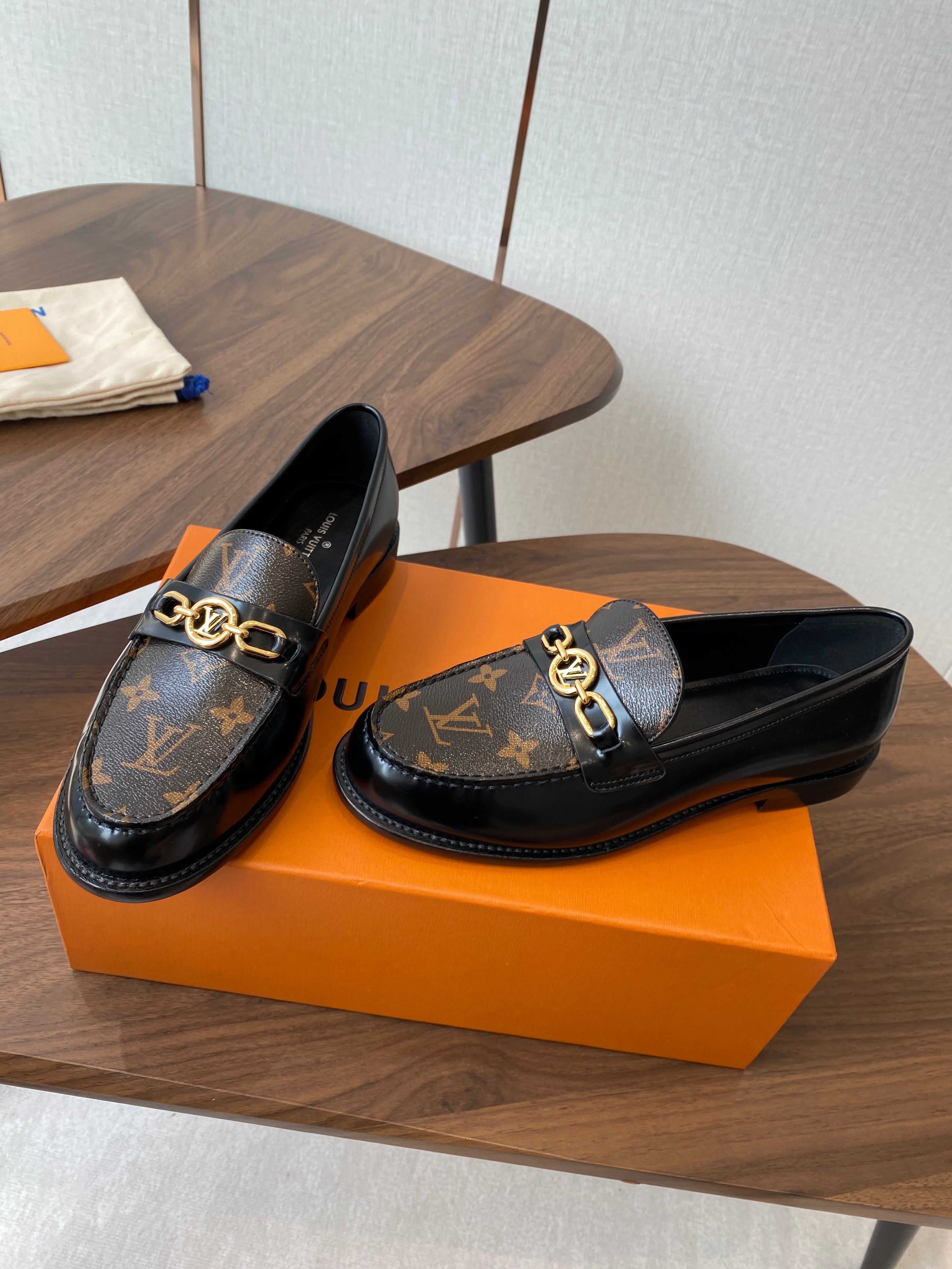 LV Chess Flat Loafer Brown Monogram Canvas & Black Patent Leather 477726