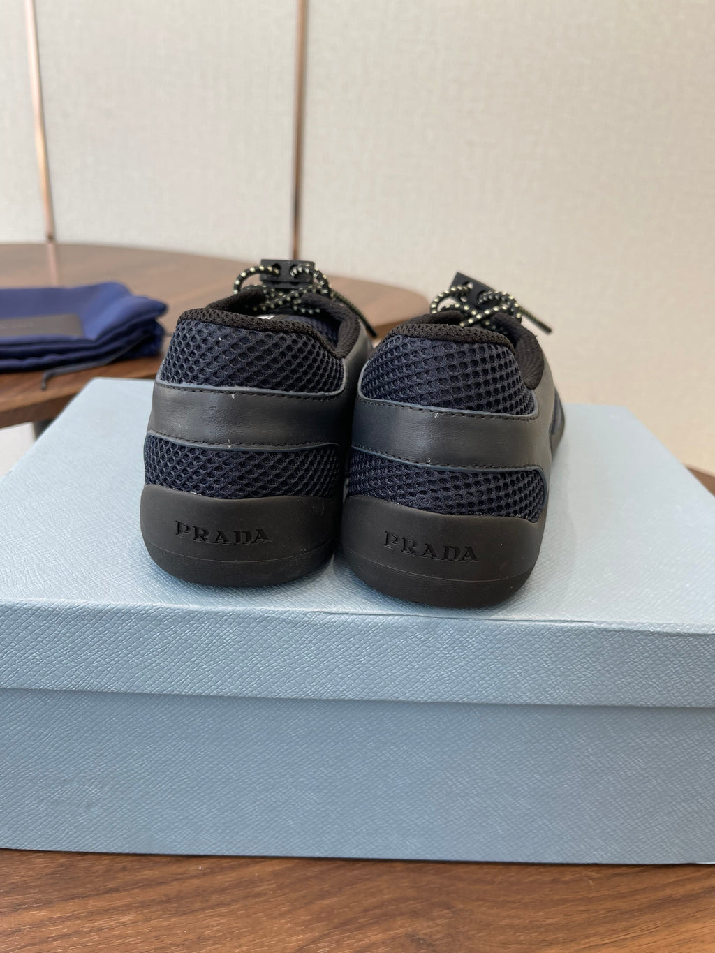 Prada Speedrock Sneakers Dark Blue Mesh Fabric 727601