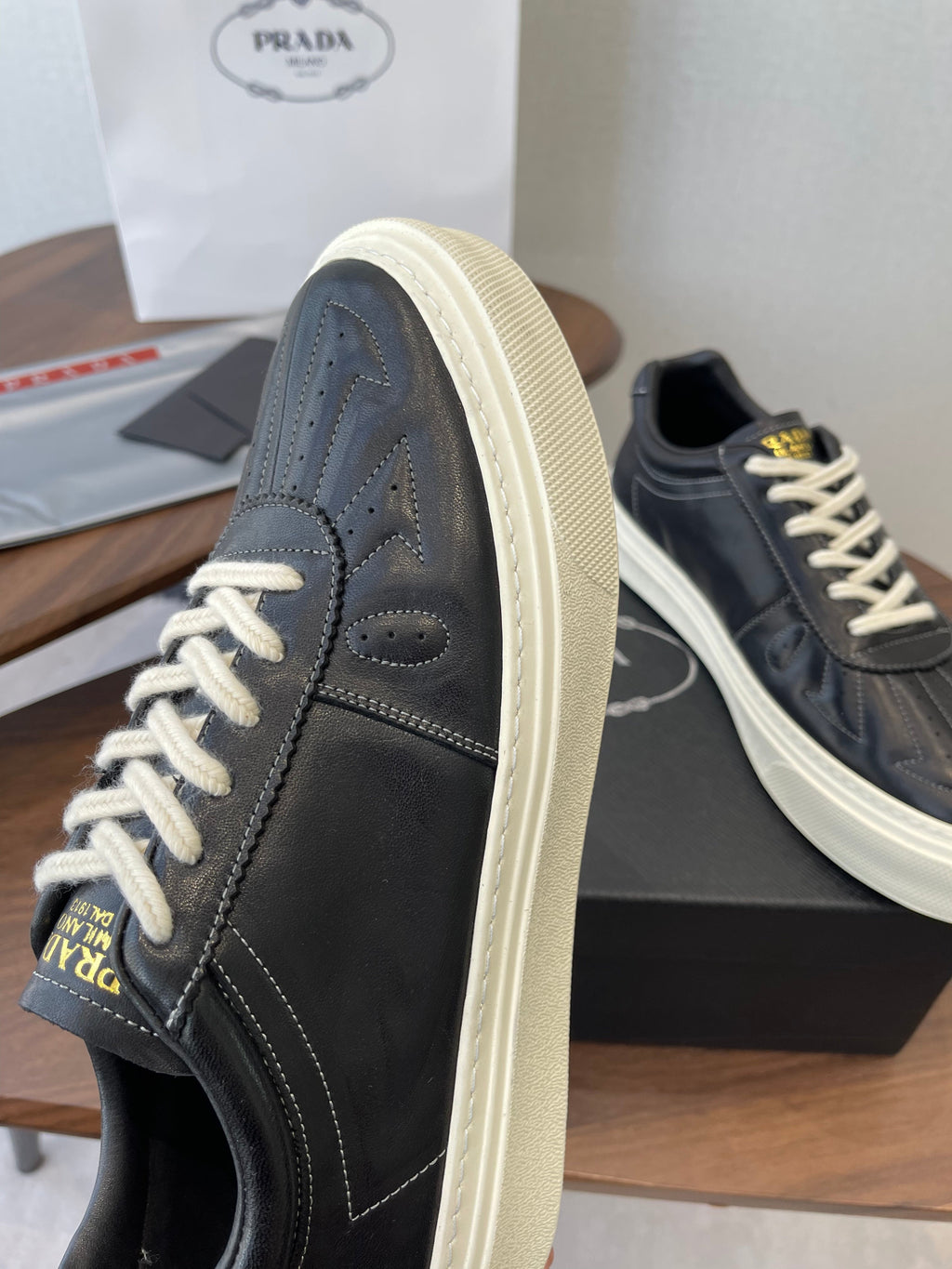 Prada 26s Sneaker Black Stitched Pattern Leather 727639