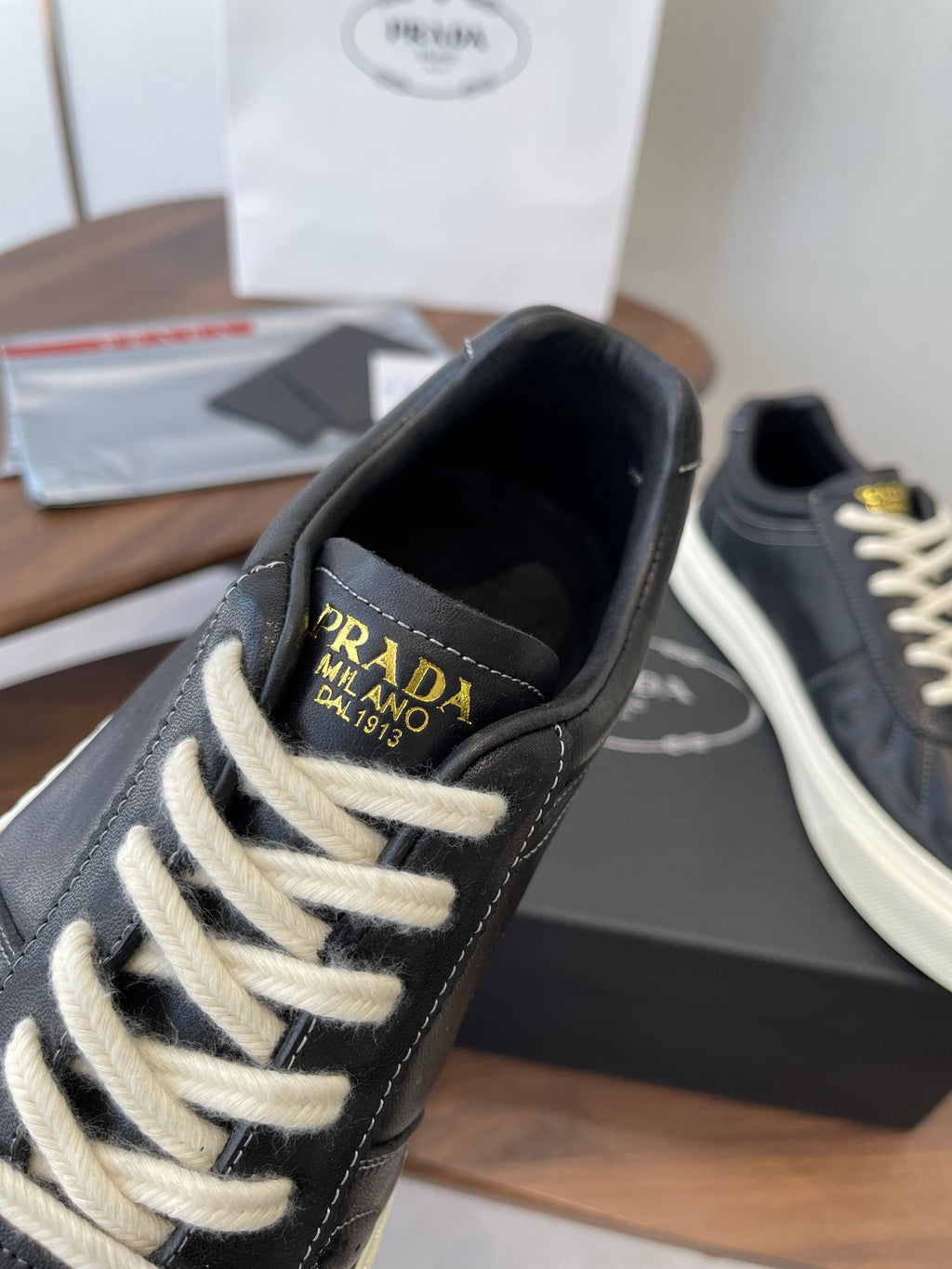Prada 26s Sneaker Black Stitched Pattern Leather 727639