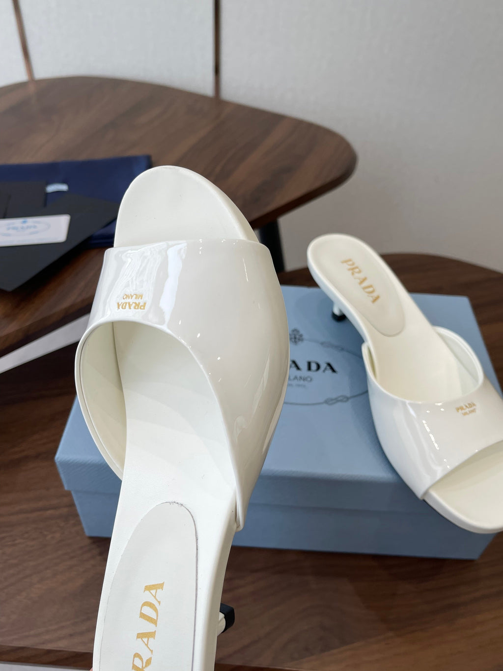 Prada Kitten Heel Sandals White Patent Leather 727641