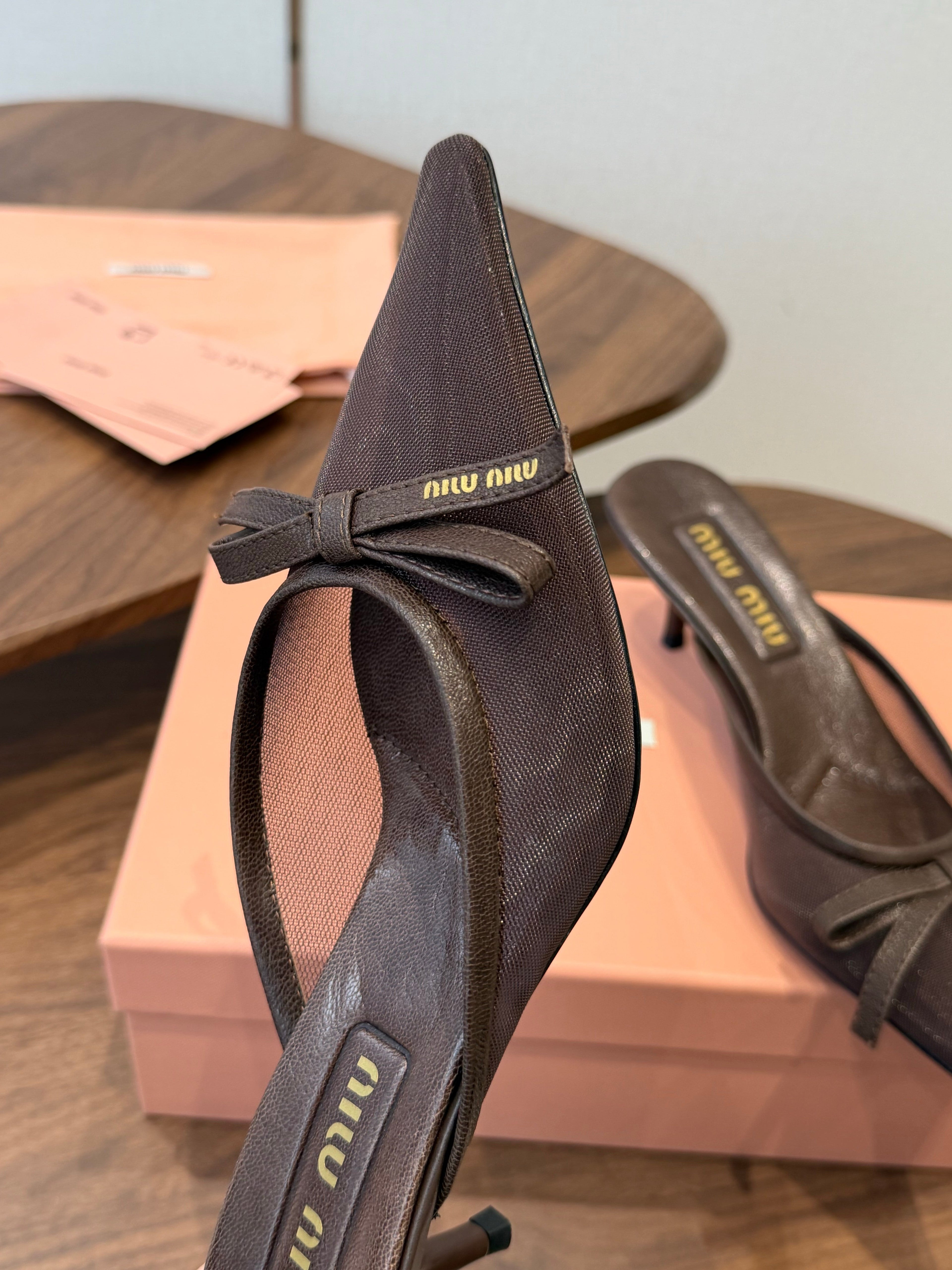 Miu 26s High-Heeled Mules Coffee Cotton 790458