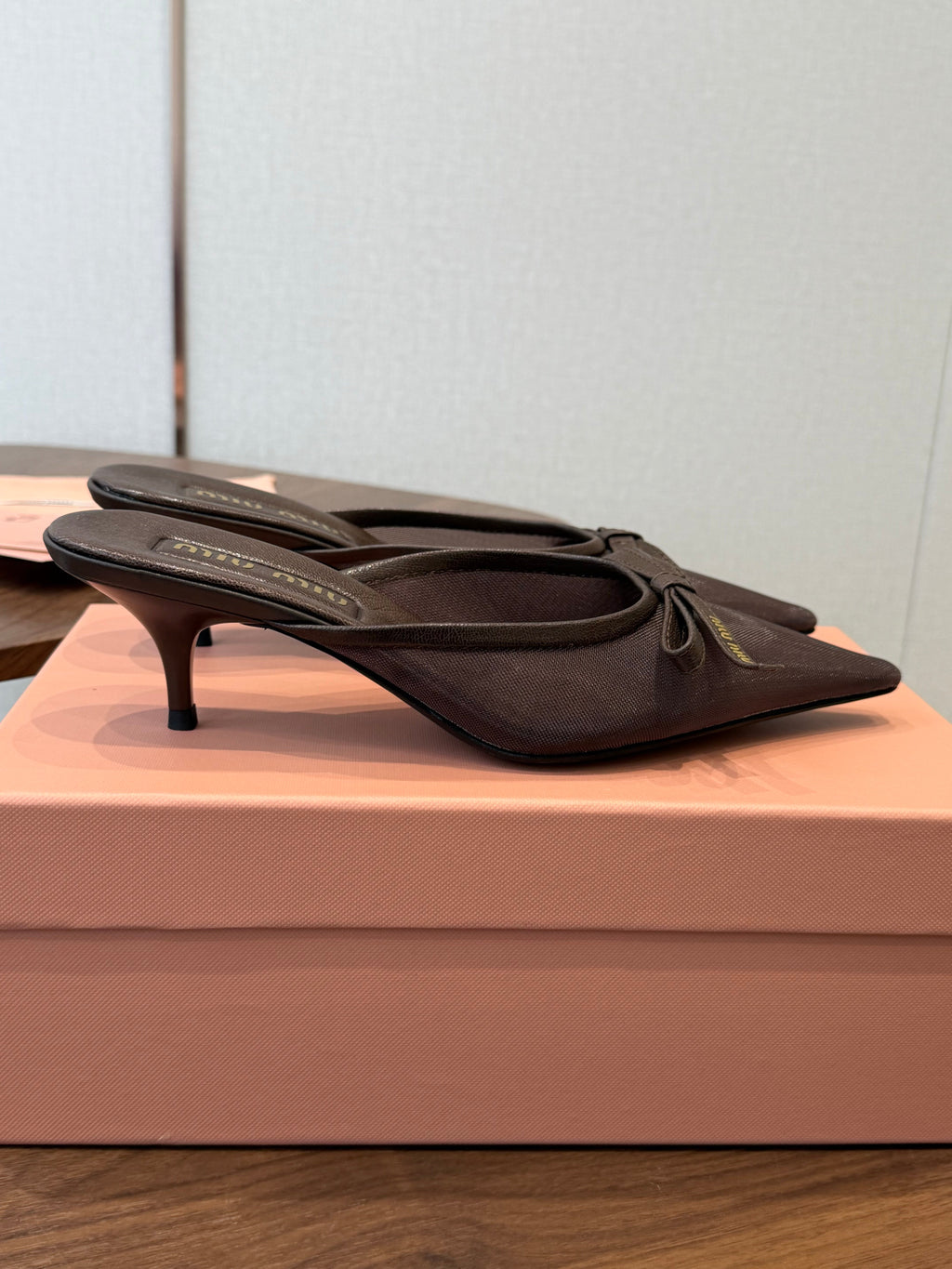 Miu 26s High-Heeled Mules Coffee Cotton 790458