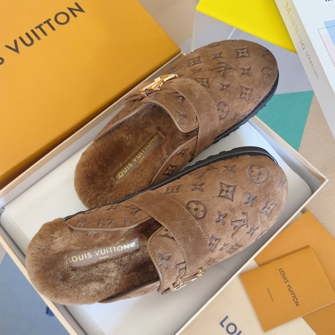LV 25 Birkenstock Platform Slippers Brown Suede Wool 576215