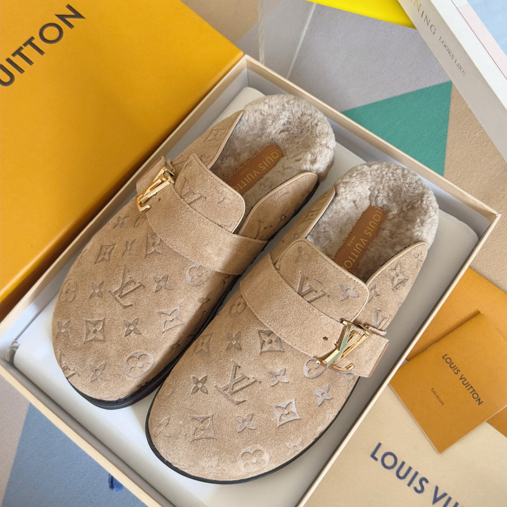 LV 25 Birkenstock Platform Slippers Beige Suede Wool 576216