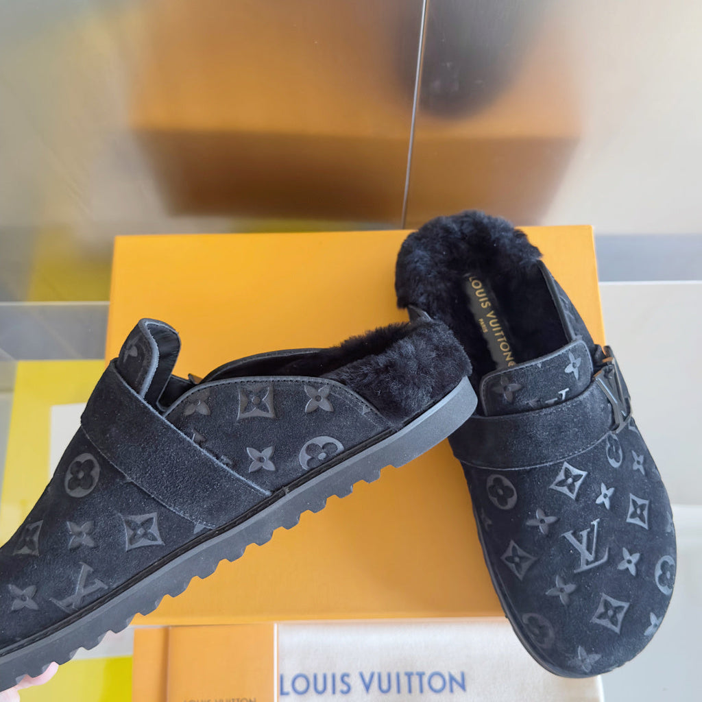 LV 25 Birkenstock Platform Slippers Navy Blue Suede Wool 576217