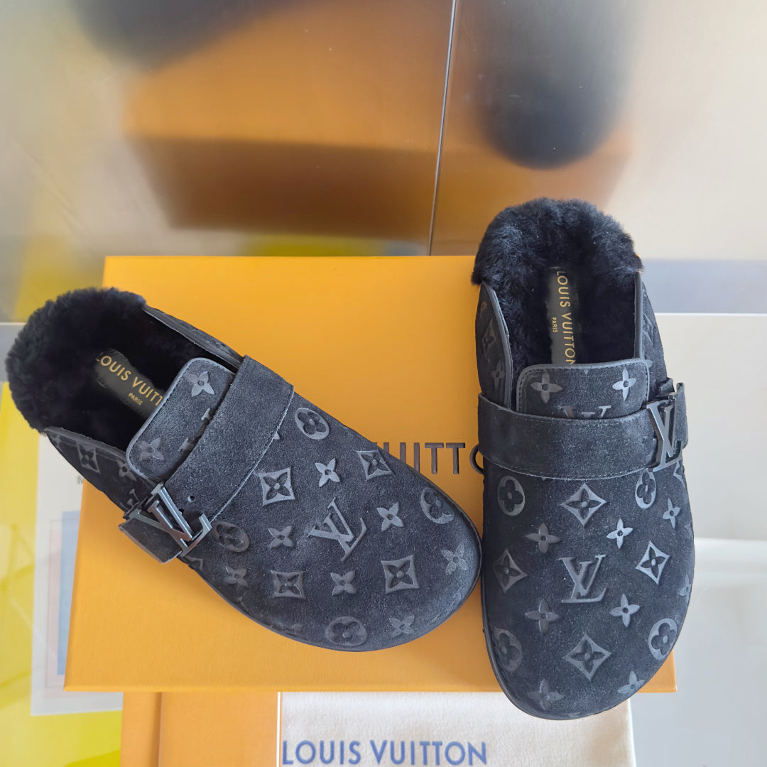 LV 25 Birkenstock Platform Slippers Navy Blue Suede Wool 576217